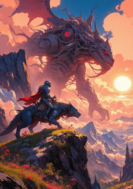 8k high quality digital painting, masterpiece, very detailed, best quality, very detailed epic masterpiece, unearthly beautiful, a breathtakingly beautiful landscape in the French Alps, in the foreground a shiny knight riding on a black dinosaur-like dragon watches a massive, intricately designed spaceship in the distance, its design inspired by insects, the low sun casts long shadows, breathtaking light effects by the sun, orange and pink clouds, enchanting landscape, fairytale-like, calm mood, flowers in the foreground. niji_flux, DB4RZ, DB4RZ style painting