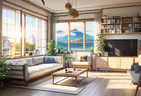 anime-style, modern-style interior, with white walls and large windows, Nordic-style furniture, a  study, Sofa, coffee table, bookcase, single wall, 
warm light morning sun, the view of the city