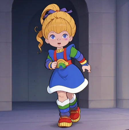 <lora:Rainbow Brite Illustrious 1:1>, rainbow brite running towards the viewer running along a rainbow