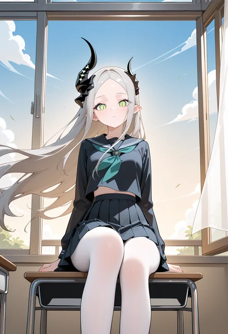 masterpiece, best quality, high resolution, source_anime, highly detailed illustration, detailed eyes,
very aesthetic, absurdres, newest, amazing quality,
1girl, solo,
<lora:shiLeviathanV1ill-000010:1>,
shileviathandef,
long hair, grey hair, parted bangs, green eyes, slit pupils, asymmetrical horns, pointy ears,
floating hair, open window, wind, sitting, school desk,
school uniform, pleated skirt, white pantyhose, expressionless, looking at viewer,