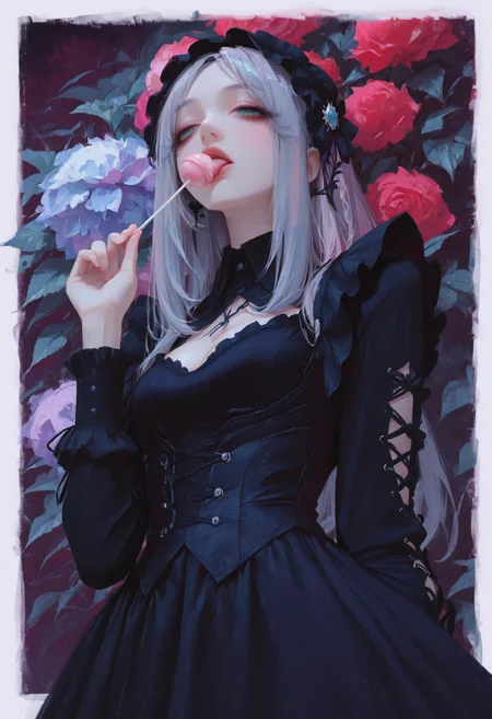 masterpiece, best quality, good quality, newest, highres, absurdres, from below,
pastel cyan eyes, grey hair, multi colored hair, long hair, hair ornament, twintale,
victorian black maid dress, frilled skirt, half closed eyes, dazed, emotionless, small breasts, cleavage, adult,
1girl, solo, upper body, roses, hand up, licking lollipop, looking to the side, leaf, red roses, black roses, gradient purple background with thick white border,
hydrangea, laced sleeves, Ethereal Brushstroke, Flat vector illustration, rakugakingu,
<lora:ppw_v7_animv4_1_r2:0.6> <lora:748cm_illu:0.6> 7481llu <lora:69yottea_illu_v2:0.4> <lora:illustrious_all_rated_v1:0.6> masterpiece, best quality, very aesthetic, <lora:LLDN-IL:0.8>