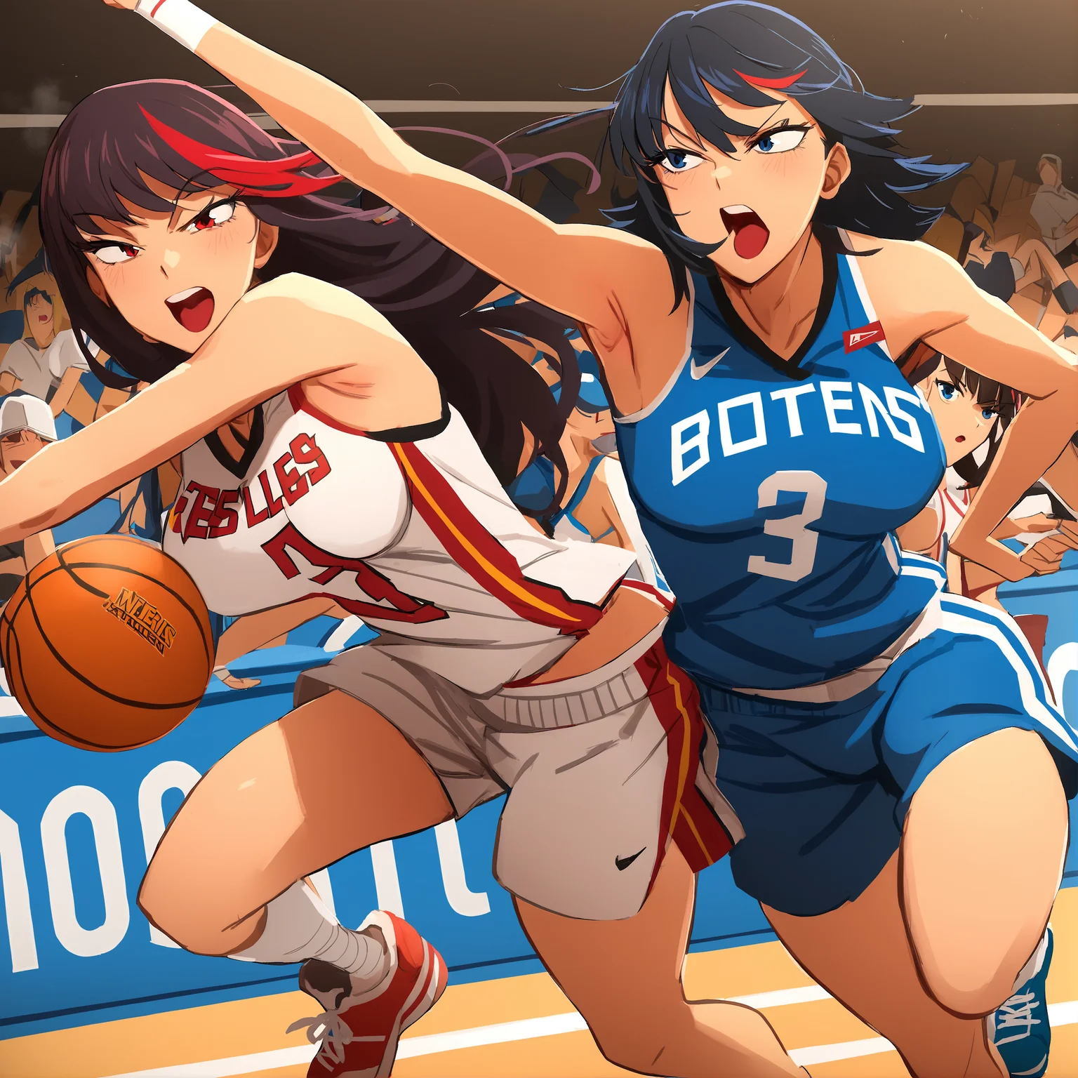 ,<lora:Khylestyle6:0.9>,Khyleri style, sneakers, kiryuuin satsuki, large breasts, matoi ryuuko, basketball uniform, jumping, two-tone hair, shoes, brown hair, streaked hair, red hair, open mouth, jakuzure nonon, multicolored hair, armpits, multiple girls, siblings, long hair, shorts, running, black hair, mankanshoku mako, 2 girls, sportswear, blue eyes, sisters, best quality masterpiece