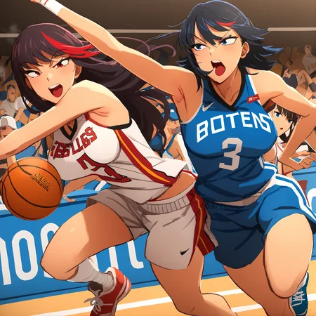 ,<lora:Khylestyle6:0.9>,Khyleri style, sneakers, kiryuuin satsuki, large breasts, matoi ryuuko, basketball uniform, jumping, two-tone hair, shoes, brown hair, streaked hair, red hair, open mouth, jakuzure nonon, multicolored hair, armpits, multiple girls, siblings, long hair, shorts, running, black hair, mankanshoku mako, 2 girls, sportswear, blue eyes, sisters, best quality masterpiece