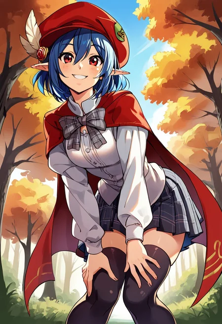 score_9, score_8_up, score_7_up, source_anime, (masterpiece, extremely high resolution, highres, best quality, 4k, very aesthetic), detailed background, detailed eyes, BREAK ((nisegostyle+, leaflit mitsuha, leaflit \(fae\), humanization, pointy ears, front view, facing viewer, low-angle view)), (blue hair, red eyes, short hair, hair between eyes, sidelocks, cabbie hat, grey bow, long sleeves, puffy sleeves, red cape, red hat, white shirt, wing symbol, feather on hat, plaid clothes, plaid bow, plaid skirt, pleated skirt, black thighhighs), (1girl, solo, solo focus, female only, bent over, leaning forward, bent forwards, leaning in towards viewer, Expressiveh, smile), outdoors, forest, nature