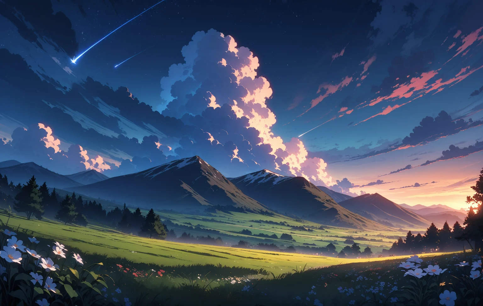 scenery, outdoors, sky, cloud, no humans, star \(sky\), mountain, mountainous horizon, flower, starry sky, grass, landscape, shooting star, nature, tree, blue sky, sunset, cloudy sky, field, night, night sky, plant, hill, evening, cumulonimbus cloud, masterpiece, best quality, very aesthetic, absurdres,