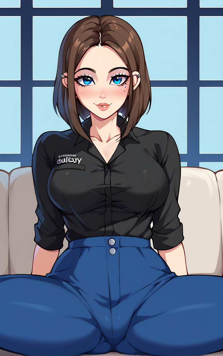score_9, score_8_up, score_7_up, BREAK
MEME_SamsungSam_ownwaifu, samsung sam,
1girl, blue eyes, brown hair, eyelashes, freckles, makeup, medium hair, mole under eye, short hair, nail polish, blue nails, watch, wristwatch, ear piercing, breasts, piercing, jewelry, lips, large breasts,  earrings, sleeves rolled up, parted bangs, buttons, collarbone, sleeves pushed up, forehead,
black shirt, blue pants, clothes writing, jeans, collared shirt, denim, cleavage, high-waist pants, shirt tucked in,
(sitting, spread legs), arms behind back, couch, window shade, indoors, <lora:PONYXL_MEME_SamsungSam_ownwaifu:0.95> , depth of field, solo,