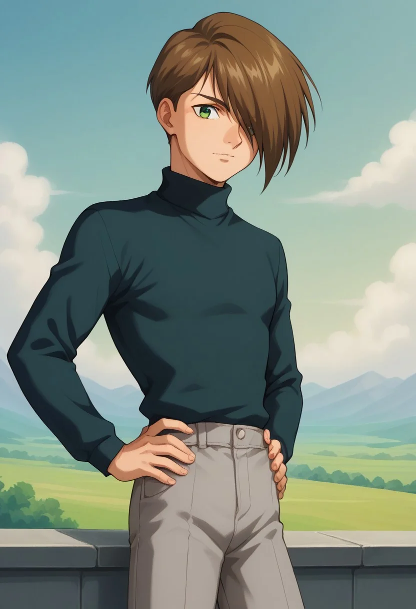 score_9, score_8_up, score_7_up, source_anime, highly detailed,
trowa, 1boy, solo, male focus, hair over one eye, brown hair, hands on hips, long sleeves, turtleneck, green eyes, pants, sweater, looking at viewer, black shirt,
pants, grey pants, upper body,
outdoor, sky,