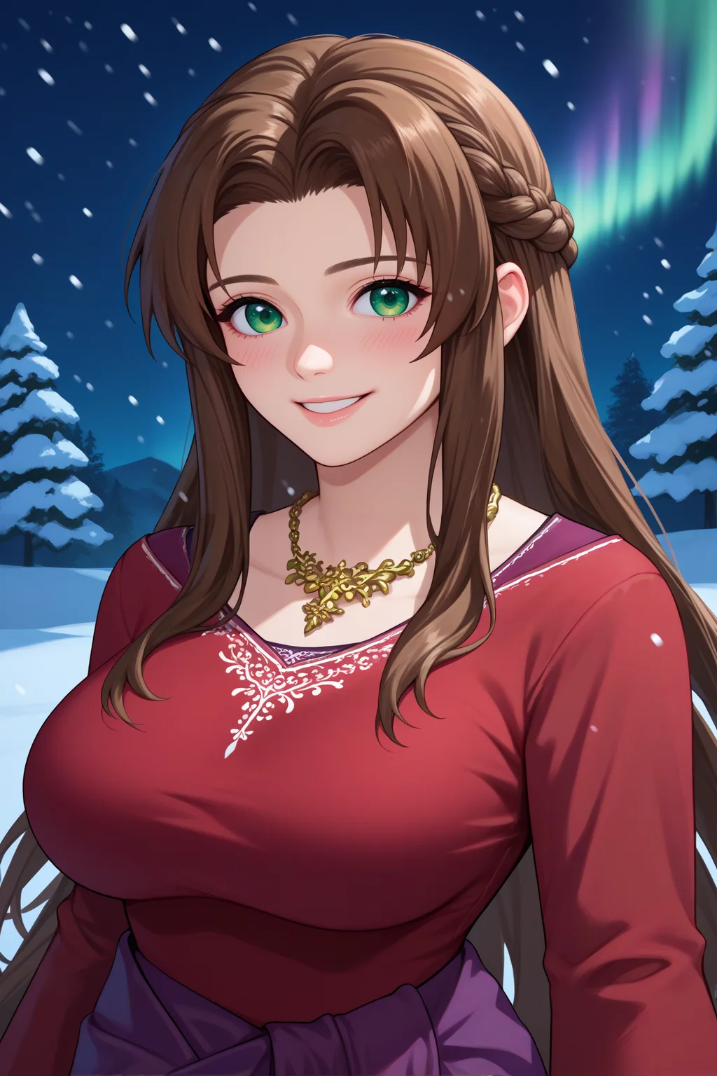 score_9, score_8_up, score_7_up, score_6_up, source_anime, 1girl, solo, <lora:ifalna-pdxl-nvwls-v1-000005:1> ifalna, brown hair, long hair, parted bangs, braid, green eyes, necklace, red dress, long sleeves, purple sarong, long dress, large breasts, upper body, snow, night, aurora, upper body, looking at you, smile, portrait, blush, happy
