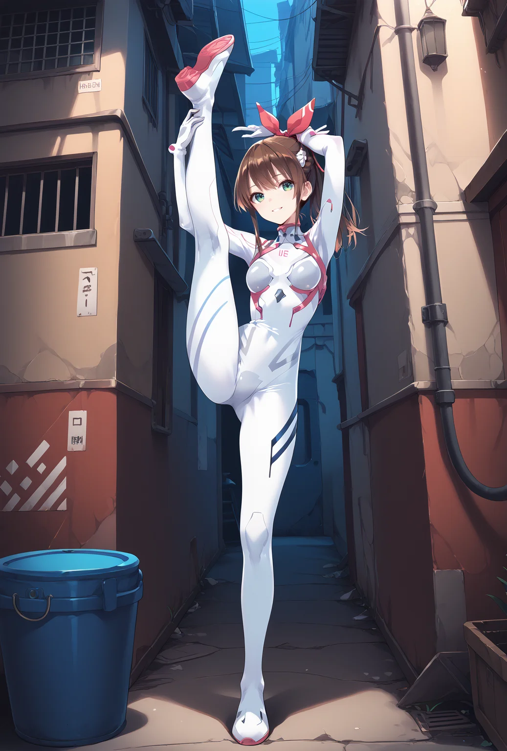 score_9, score_8_up, score_7_up, score_6_up, score_5_up, score_4_up,anime source,full body,
misaki,1girl,ponytail,hair ribbon,brown hair,green eyes,smile,
Evasuit08, white bodysuit,red color,
standing split,alley,<lora:MisakiXLPony:0.8>,<lora:Eva08XLPony:1>