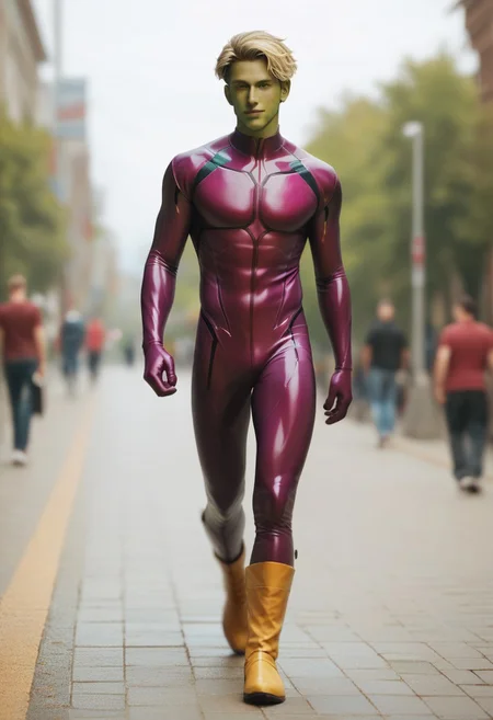 score_9, score_8_up, score_7_up, green face, adult male, colored skin, superhero, latex, short blonde hair male, ((magenta bodysuit)), magenta superhero, yellow boots, walking, depth of field, 32k UHD resolution, best quality, high quality, full body