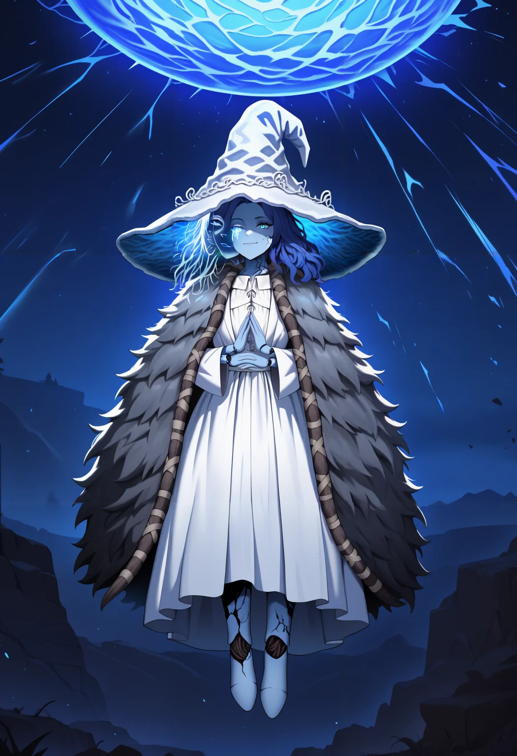 masterpiece, best quality, newest, hdr, dark, night, outdoors, closed mouth, 1girl, solo, ranni the witch, blue skin, cracked skin, blue eyes, blue hair, long hair, fur cloak, witch hat, white headwear, large hat, white dress, extra faces, extra arms, witch, witch, doll joints, ge1sp0r, energy ball, arms up, floating, midair, full body, smug, grin <lora:last:1>