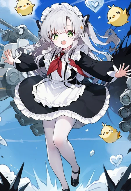 score_9, score_8_up, score_7_up, source_anime, OGNEVOY (AZUR LANE), OGNEVOY DEFAULT WEAR, 1girl, solo, long hair, blush, smile, open mouth, bangs, long sleeves, dress, bow, green eyes, full body, white hair, :d, hair bow, grey hair, heart, pantyhose, frills, shoes, puffy sleeves, black footwear, apron, black dress, two side up, neckerchief, maid, black bow, bird, animal, frilled dress, outstretched arms, > <, red necktie, white apron, mary janes, red neckerchief, puffy long sleeves, white pantyhose, frilled apron, chick, manjuu \(azur lane\)