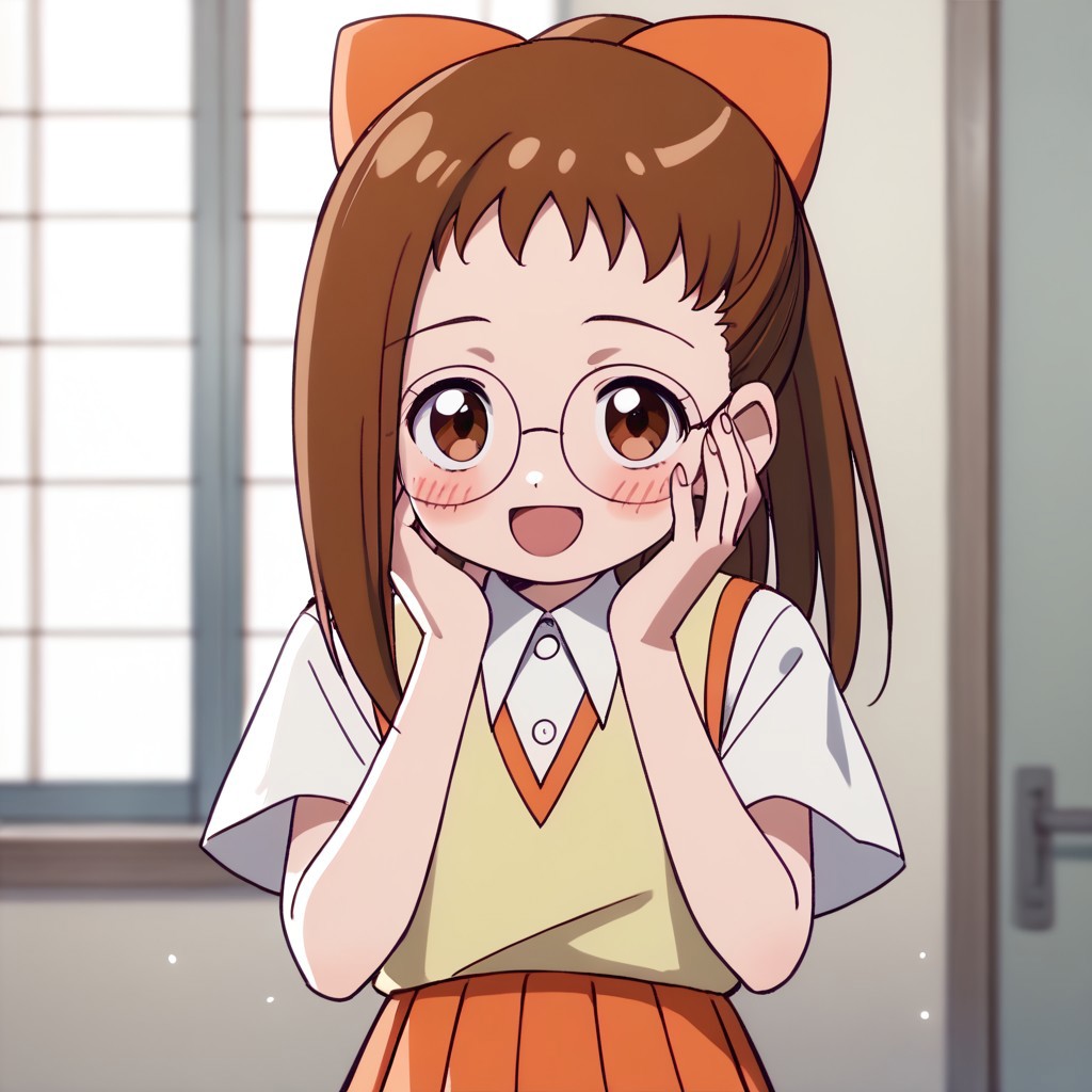 score_9, score_8_up, score_7_up BREAK Hazuki1, 1girl, brown hair, ponytail, brown eyes, glasses, orange bow, soft yellow waistcoat, short-sleeved collared white buttoned shirt, pleated orange skirt, cowboy shot, looking at viewer, hands on face, happy, blushing,