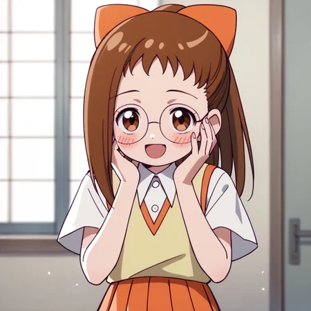 score_9, score_8_up, score_7_up BREAK Hazuki1, 1girl, brown hair, ponytail, brown eyes, glasses, orange bow, soft yellow waistcoat, short-sleeved collared white buttoned shirt, pleated orange skirt, cowboy shot, looking at viewer, hands on face, happy, blushing,