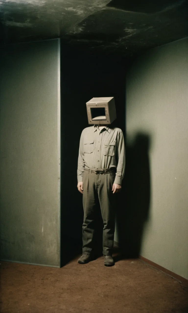 analog film photo man standing, box head, empty room, huleebstyle, helmet, dark, <lora:HuleebStyle_v1:0.85> . faded film, desaturated, 35mm photo, grainy, vignette, vintage, Kodachrome, Lomography, stained, highly detailed, found footage