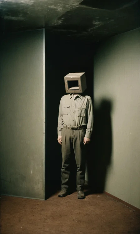 analog film photo man standing, box head, empty room, huleebstyle, helmet, dark, <lora:HuleebStyle_v1:0.85> . faded film, desaturated, 35mm photo, grainy, vignette, vintage, Kodachrome, Lomography, stained, highly detailed, found footage