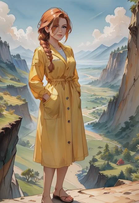 high res, good quality, accurate face, ((high resolution:1.2), (hi-res:1.2), masterpiece, best quality), ng_deepnegative_v1_75t, easynegative, fcNeg, masterpiece, best quality), Girl wearing a yellow raincoat, Long brown hair, braided hair, Hair Covering eyes, Pale white skin, girl walking across cliff, yellow skies in the background, zoomed out view of cliff, multiple views of cliff, full body, 2d flat, solo, Expressiveh, watercolor \(medium\), traditional media,