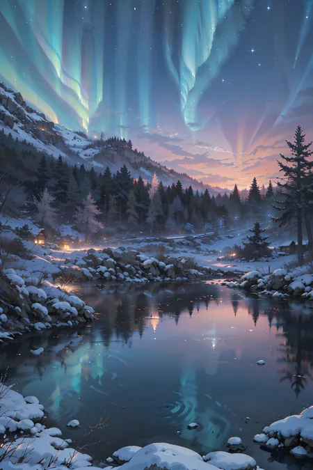 (masterpiece:1.3),(best quality:1.1)masterpiece,high quality,highres,absurdres,scenery,aurora,night,multicolored,camp,shore,architecture,reflection,cold,snow,winter,pine tree,<lora:Detailed_Places_R-128_v1:0.7>