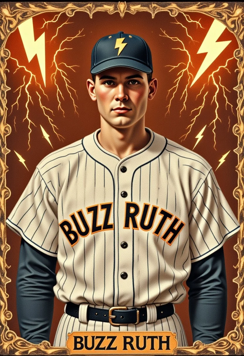 A gloriously weathered baseball card from the 1920s, featuring the legendary player "BUZZ RUTH." The card showcases rich, sepia-toned hues that hint at a bygone era of baseball lore. Stylized lightning bolt symbols adorn the art, as well as electric energy and glowing lightning. Buzz Ruth's image is striking, with his rugged, determined expression and vintage baseball uniform perfectly preserved in exquisite detail. The intricate line work and expert shading make this a truly remarkable piece of sports memorabilia, capturing the essence of a time when baseball was truly America's pastime.