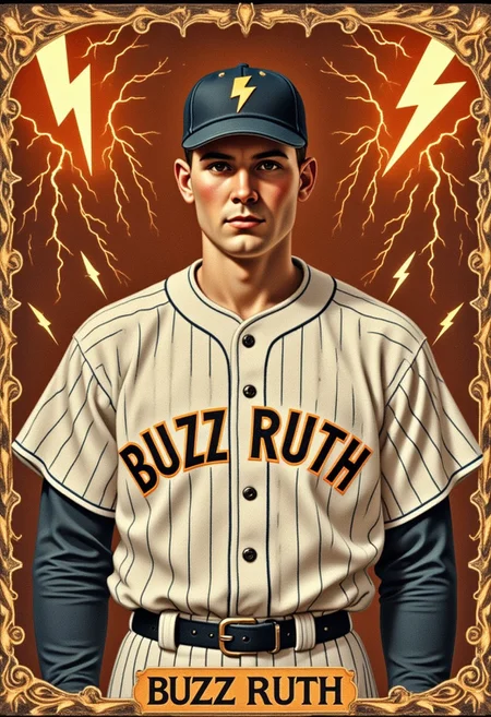 A gloriously weathered baseball card from the 1920s, featuring the legendary player "BUZZ RUTH." The card showcases rich, sepia-toned hues that hint at a bygone era of baseball lore. Stylized lightning bolt symbols adorn the art, as well as electric energy and glowing lightning.  Buzz Ruth's image is striking, with his rugged, determined expression and vintage baseball uniform perfectly preserved in exquisite detail. The intricate line work and expert shading make this a truly remarkable piece of sports memorabilia, capturing the essence of a time when baseball was truly America's pastime.