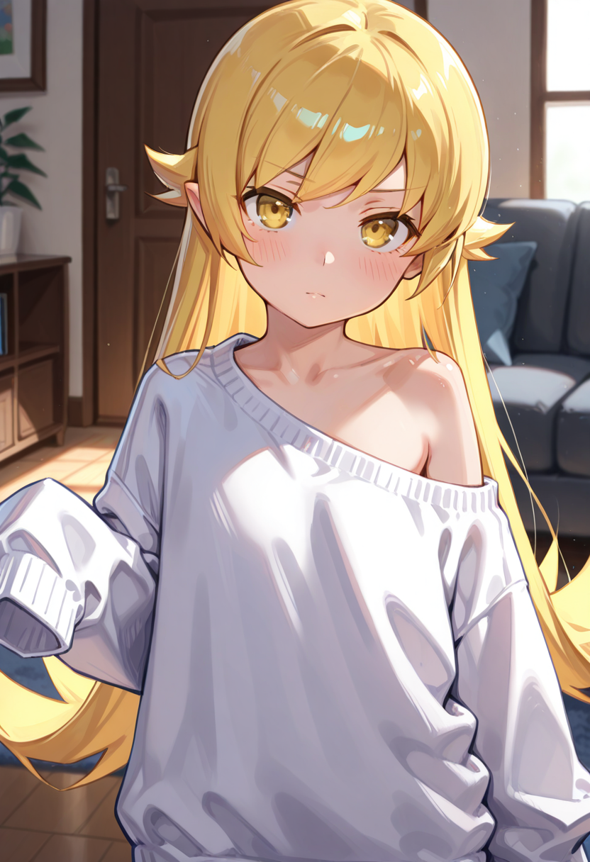 masterpiece, best quality, absurdres, half body, oshino shinobu , 1girl, solo, looking at viewer, oversized clothes, white sweater, single bare shoulder, living room, misa_mi