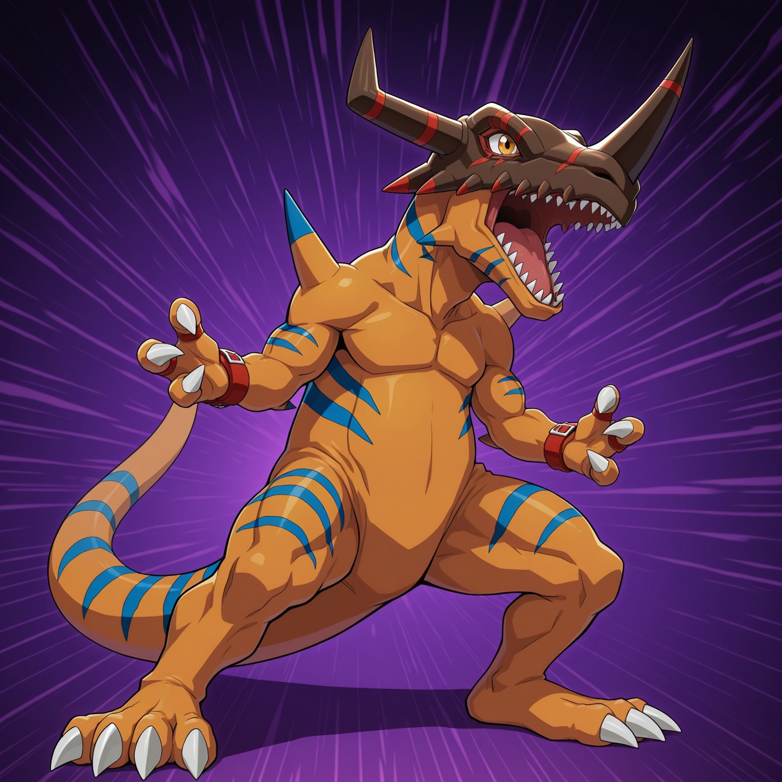 2d, solo, Geogreymon, Digimon (creature), reptile, scalie, dinosaur, orange skin, blue stripes, spikes, claws, toe claws, yellow eyes, red bracers, brown and red helmet, horns, sharp teeth, tail

BREAK standing, open mouth, roaring, abstract background 

BREAK best quality, amazing quality, very aesthetic, absurdres, newest, masterpiece 