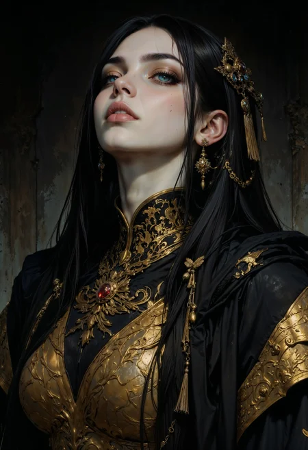 a highly detailed digital painting in a realistic, dark fantasy style. It features a young woman with pale, almost ghostly skin and long, straight black hair adorned with gold accessories. Her eyes are heavily lined with dark, dramatic makeup, and she has a small, silver hoop earring in her left ear. The woman is dressed in a lavish, gold and black outfit with intricate patterns and textures, including a high-neck collar and layered, flowing fabric. Her pose is somewhat submissive, with her head tilted back and eyes closed, conveying a sense of vulnerability or deep thought. The background is dark and nondescript, focusing all attention on the subject. The overall mood of the painting is mysterious and somber, with a rich, luxurious color palette dominated by golds, blacks, and deep shadows.