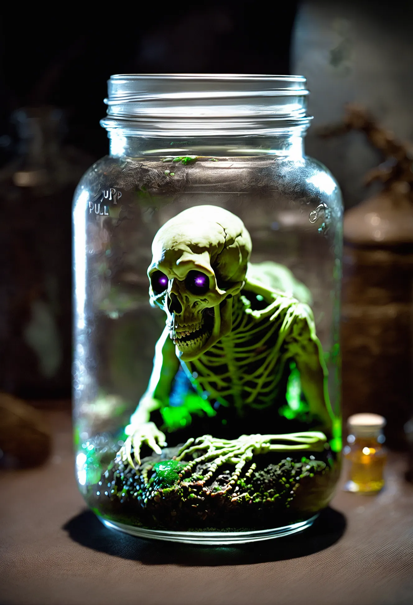 pulp horror, scary, alchemy lab,dead creature preserved in a jar,graveyard,corpse<lora:EnvyPulpHorrorXL01:1:1:lbw=ALL>