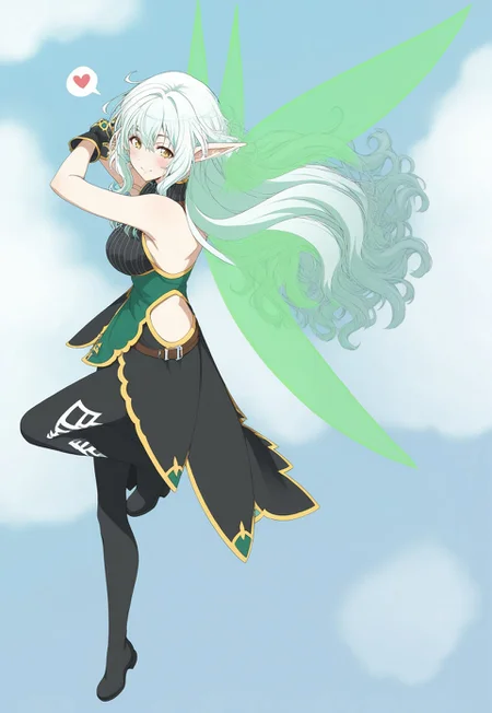 score_9, score_8_up, score_7_up, anime,
1girl, solo focus, flying, from side,
lux(sao), alo-outfit, white hair, long hair, hip-length hair, wavy hair, amber eyes, elf ears, sleeveless, high collar, black top, vertical striped top, white stripes, green bodice, gold trimming, black tights, white detailing on tights, black boots, short boots, coattails, black coattails, hip cutouts, black gloves, fingerless gloves, fairy wings, green wings,
big smile, happy, blush, heart (symbol), spoken heart,
outside, sky, blue sky, clouds, aesthetic clouds,