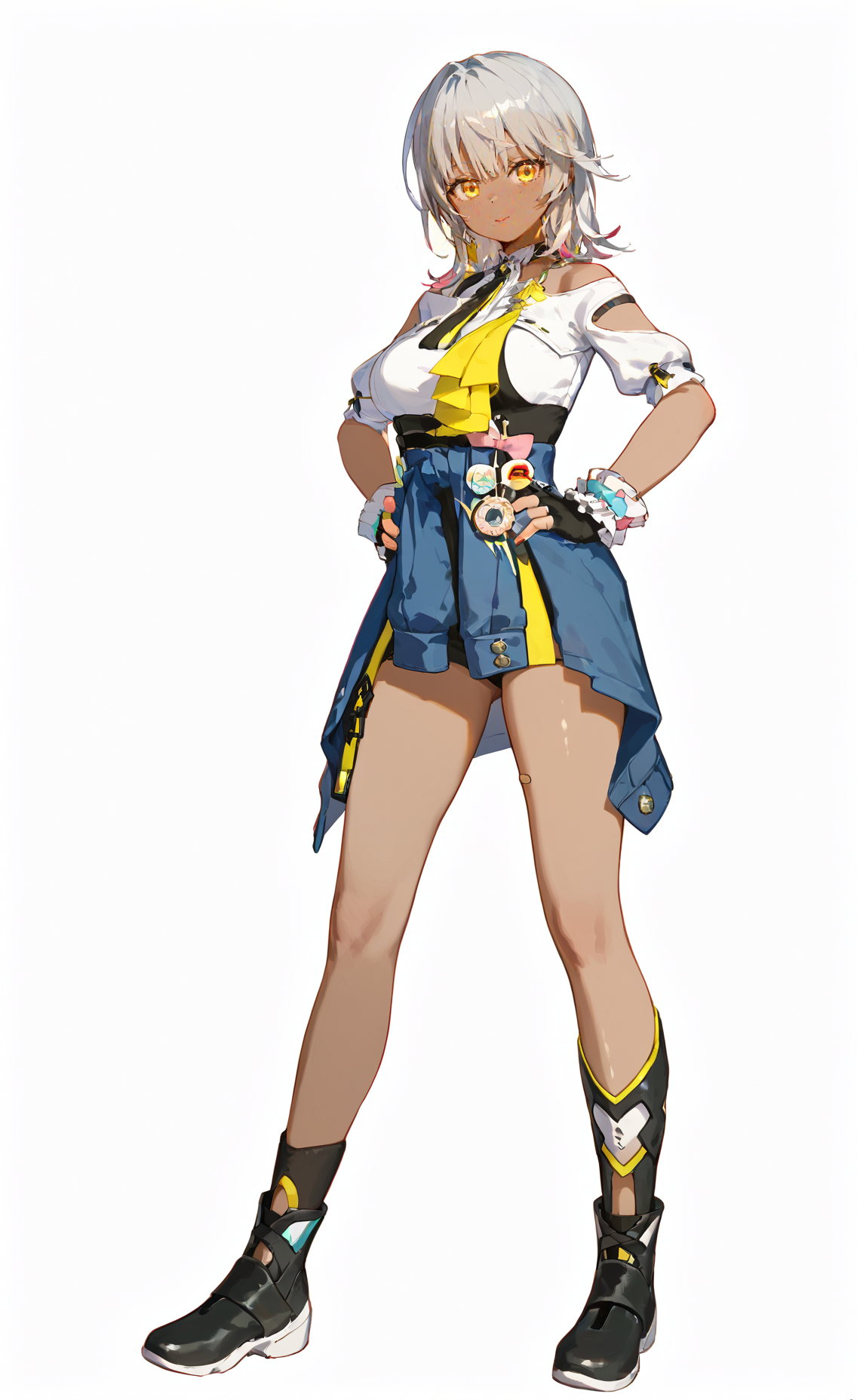 score_9, score_8_up, score_7_up, 8k, best quality, masterpiece, (ultra-detailed), (high detailed skin), (white background:1.3), 
(full body:1.2), (white background), standing, looking at viewer, (solo:1.2), hands on hips, 
<lora:Carol-pony-Tanger-000014:0.8>, Carol, def clothes, 1girl, gloves, fingerless gloves, dark-skinned female, dark skin, black gloves, clothes around waist, yellow eyes, black footwear, grey hair, 
(beautiful_face), ((intricate_detail)), clear face, 
((finely_detailed)), fine_fabric_emphasis, 
((glossy)), full_shot,