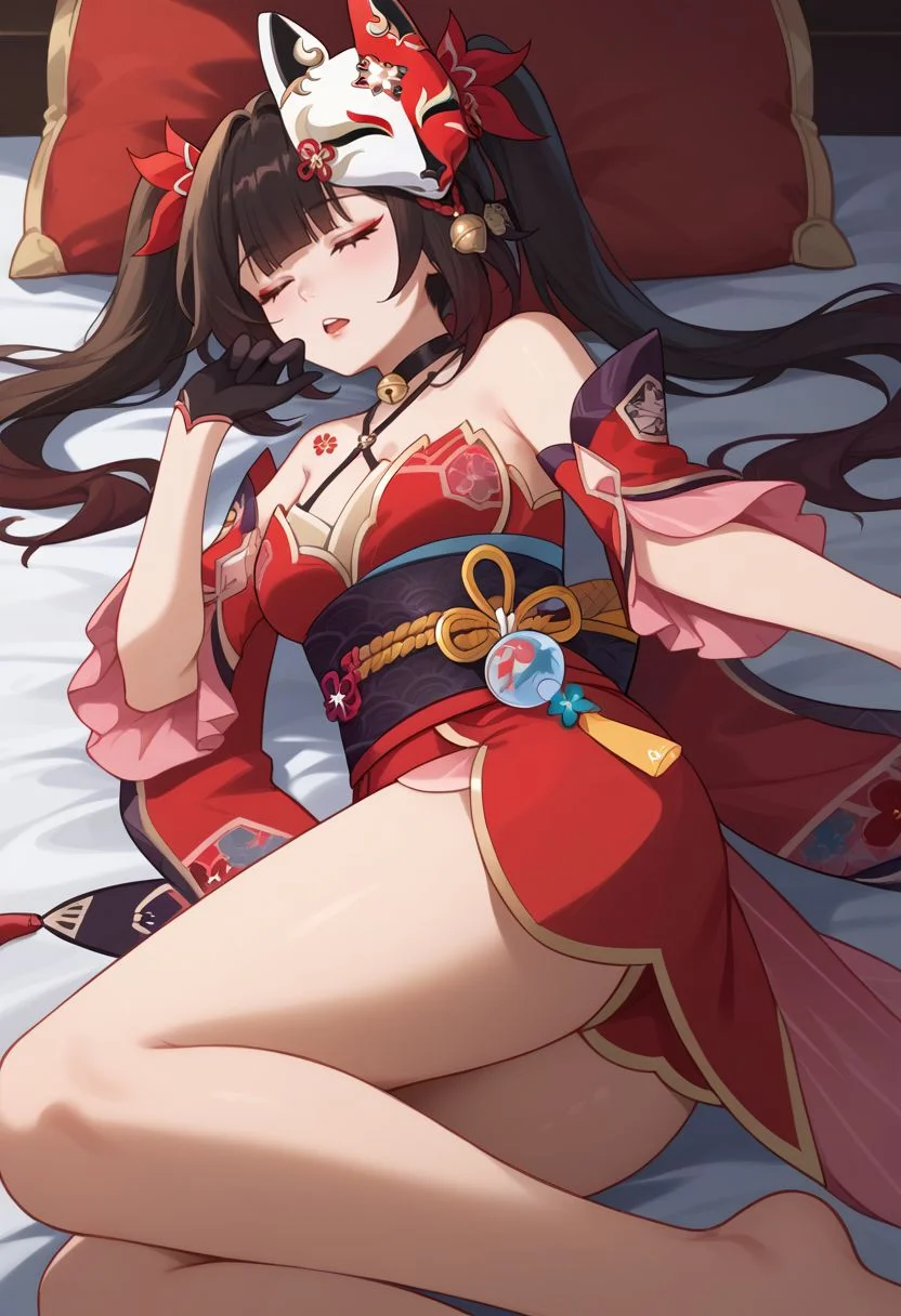 score_9, score_8_up, score_7_up, source_anime, 1girl, sparkledef, closed eyes, long hair, twintails, fox mask, mask on head, bell, black choker, bare shoulders, flower tattoo, criss-cross halter, detached sleeves, red dress, japanese clothes, obi, black sash, black gloves, single glove, thigh strap, lying, on back, on side, on bed, open mouth, sleeping, looking to the side, indoors, bedroom, <lora:Sparkle_v1-000010:1>