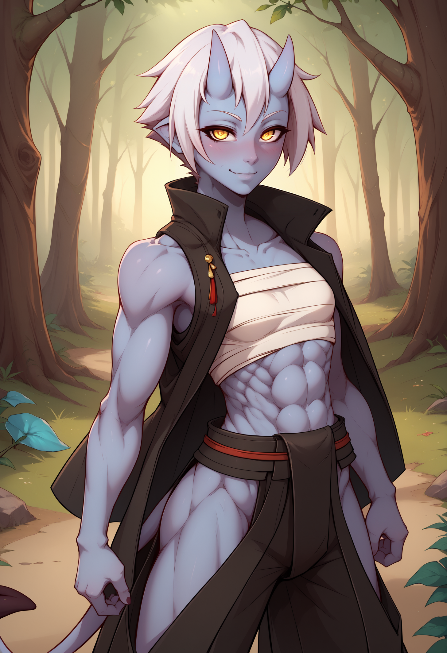 score_9, score_8_up, score_7_up, detailed, shaded, soft shading, BREAK 1girl, solo, GeruDSlot, yellow eyes, colored skin, skin-covered horns, demon tail, white hair, short hair, small breasts, <lora:GeruDeadslot4PDXL_V1-Manityro-CAME:1.0>, forest,
looking at viewer, blush, smile, toned, side view,
black coat, sleeveless coat, open coat, sarashi, midriff, abs, hakama pants, hip vent,