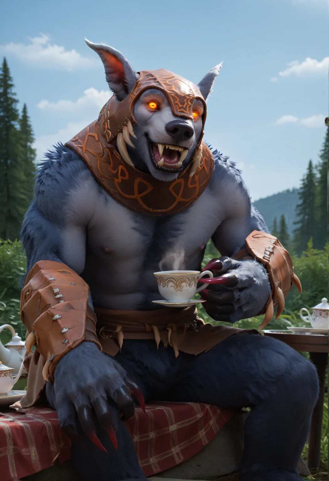 score_9, score_8_up, score_7_up, score_6_up, score_5_up, score_4_up, source_furry, fluffy fur, BREAK 1boy, solo, ursapdxl, helmet, bracer, loincloth, fangs, claws, furry, outdoors, glowing eyes, orange eyes, sitting, tea party, smiling, looking at viewer, blue sky, <lora:UlfsaarTheUrsaWarrior:0.7>