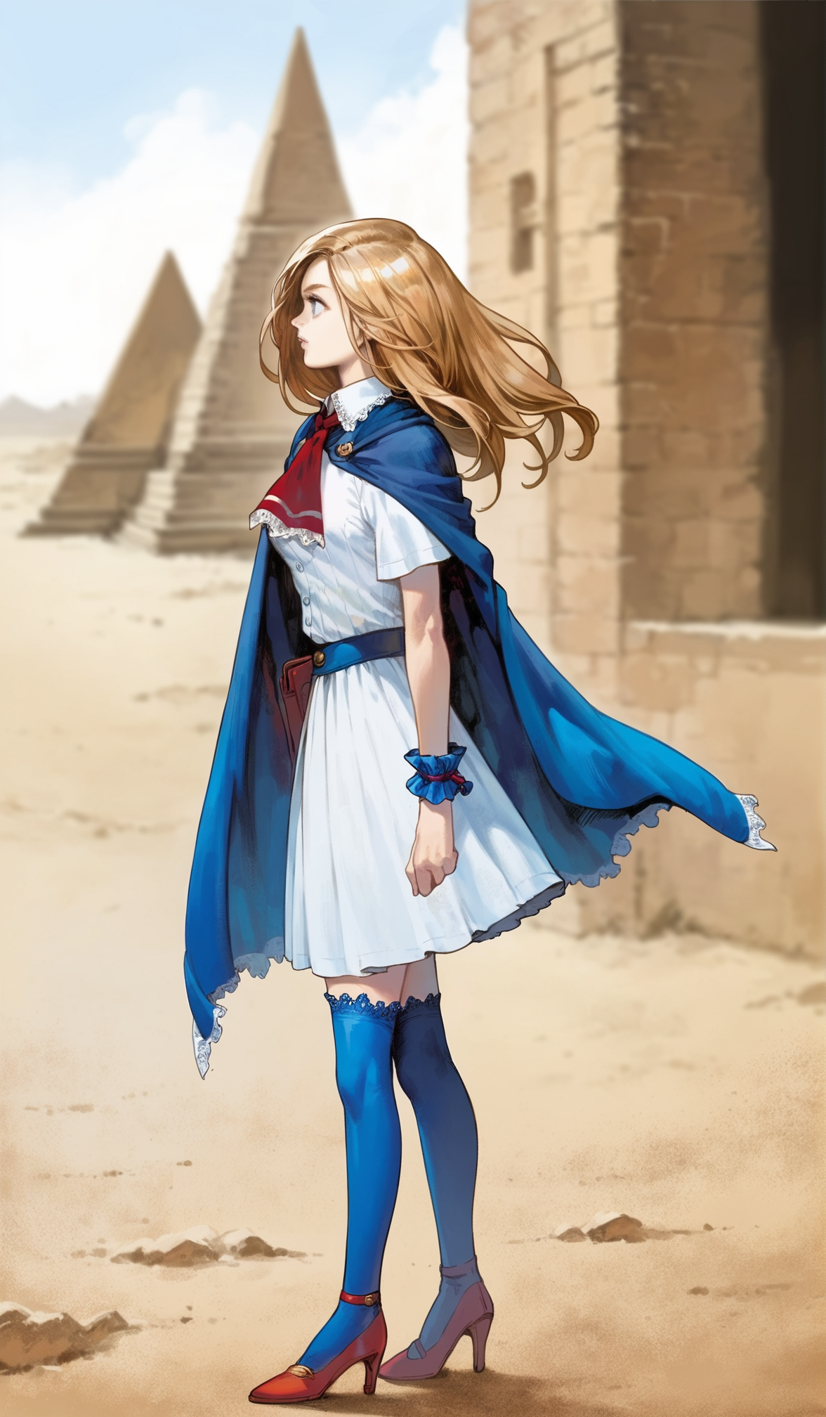 score_9,score_8_up,score_7_up,
highres,highly detailed,
<lora:CharlotteAulin:1>,
charlotteaulin,
1girl,solo,
brown hair,long hair,
blue eyes,
blue cape with white lace trim,white dress,white lace trim collar,red tie with white lace trim,short puffed sleeves,blue wrist cuffs,(blue wrap skirt:1.1),
blue lace thigh socks,red heels,
from side,walking,
blurry background,vignetting,outdoors,black sun,dark,light particles,pyramid in the background,desert,