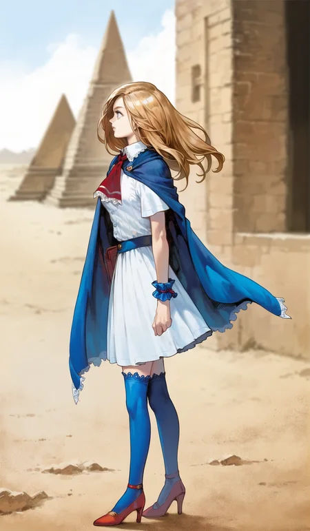 score_9,score_8_up,score_7_up,
highres,highly detailed,
<lora:CharlotteAulin:1>,
charlotteaulin,
1girl,solo,
brown hair,long hair,
blue eyes,
blue cape with white lace trim,white dress,white lace trim collar,red tie with white lace trim,short puffed sleeves,blue wrist cuffs,(blue wrap skirt:1.1),
blue lace thigh socks,red heels,
from side,walking,
blurry background,vignetting,outdoors,black sun,dark,light particles,pyramid in the background,desert,