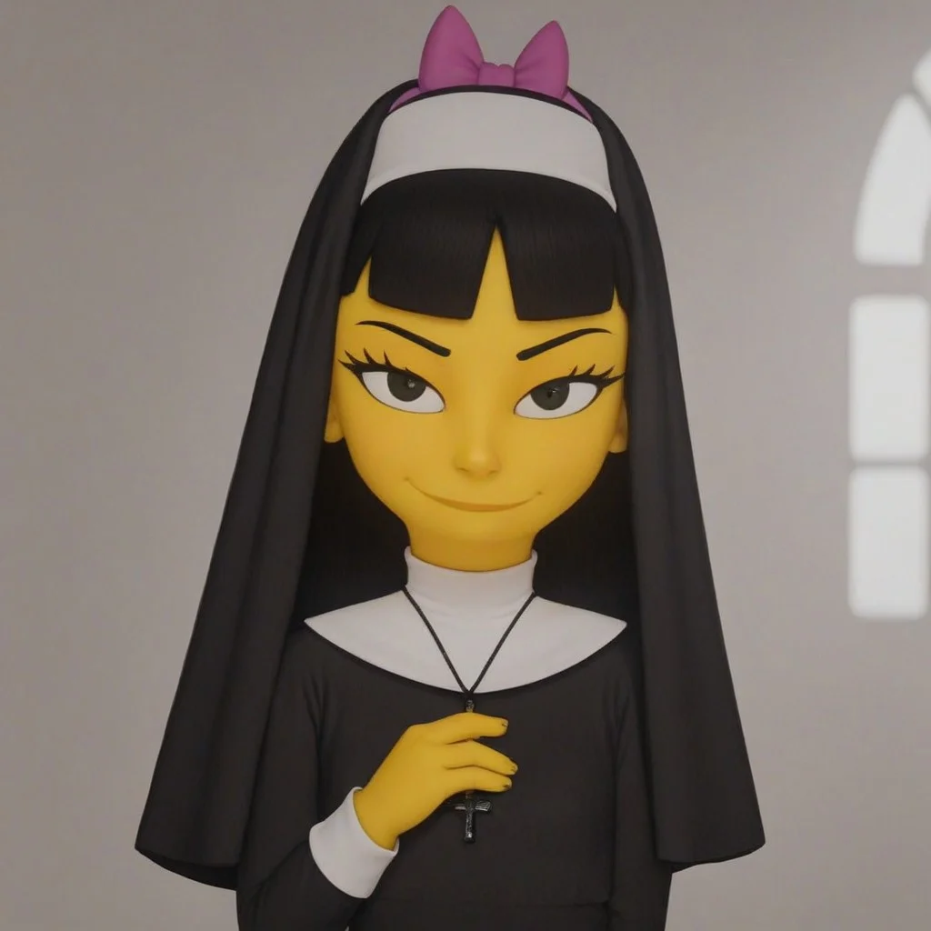 score_8, score_9, break, jessica_lovegood, black hair, long hair, yellow skin, hair bow, nun outfit, looking at viewer, indoors, sunlight, natural lighting, church,
, flat chest, very small breasts, smirk,