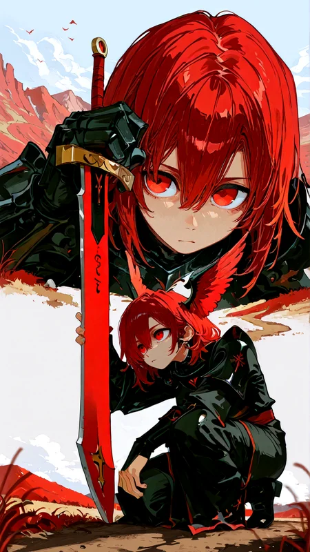 masterpiece, newest,absurdres,incredibly absurdres, best quality, amazing quality, very aesthetic, 
1girl,hill, dirt road, red hair, planted sword, full armor, field, blurry foreground, oversized sword, eye level, medieval, black armor, shiny armor, on one knee, (winged helmet:1.2), zoom layer, 
 <lora:ka_marukogedago:1> k4_illu, <lora:Lifeline_Illu_Edition:1> LL-Illu <lora:wamiarts_style:1> wamiarts_illu