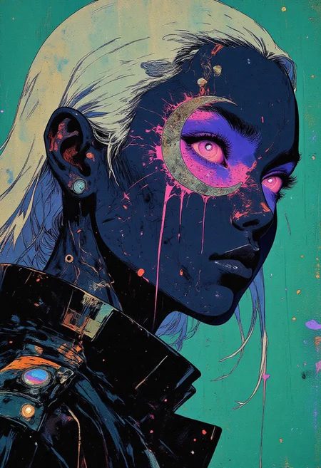 This is a highly stylized, digitally crafted artwork presenting a close-up of a woman's head and shoulders set against a vivid teal background. Her hair is long, platinum white, and slicked back, emphasizing her sharp features and cold expression. Her face is deep midnight blue, smooth and lacquered, with an intense silver crescent moon motif encircling one glowing violet eye, radiating an eerie, supernatural light. Around the motif, soft lavender trails and iridescent liquid streaks drift downward, evoking an otherworldly, spectral bleed rather than blood. She wears a structured black leather jacket with high angular shoulders, streaked with faint iridescent paint marks resembling cosmic dust, lending her a futuristic, gothic aura. The background is a flat, vibrant teal that heightens the surreal tension between the deep, moody tones and her starkly luminous details. The composition pulses with dark fantasy and high-concept surrealism, merging contemporary digital aesthetics with mythic, dreamlike iconography.