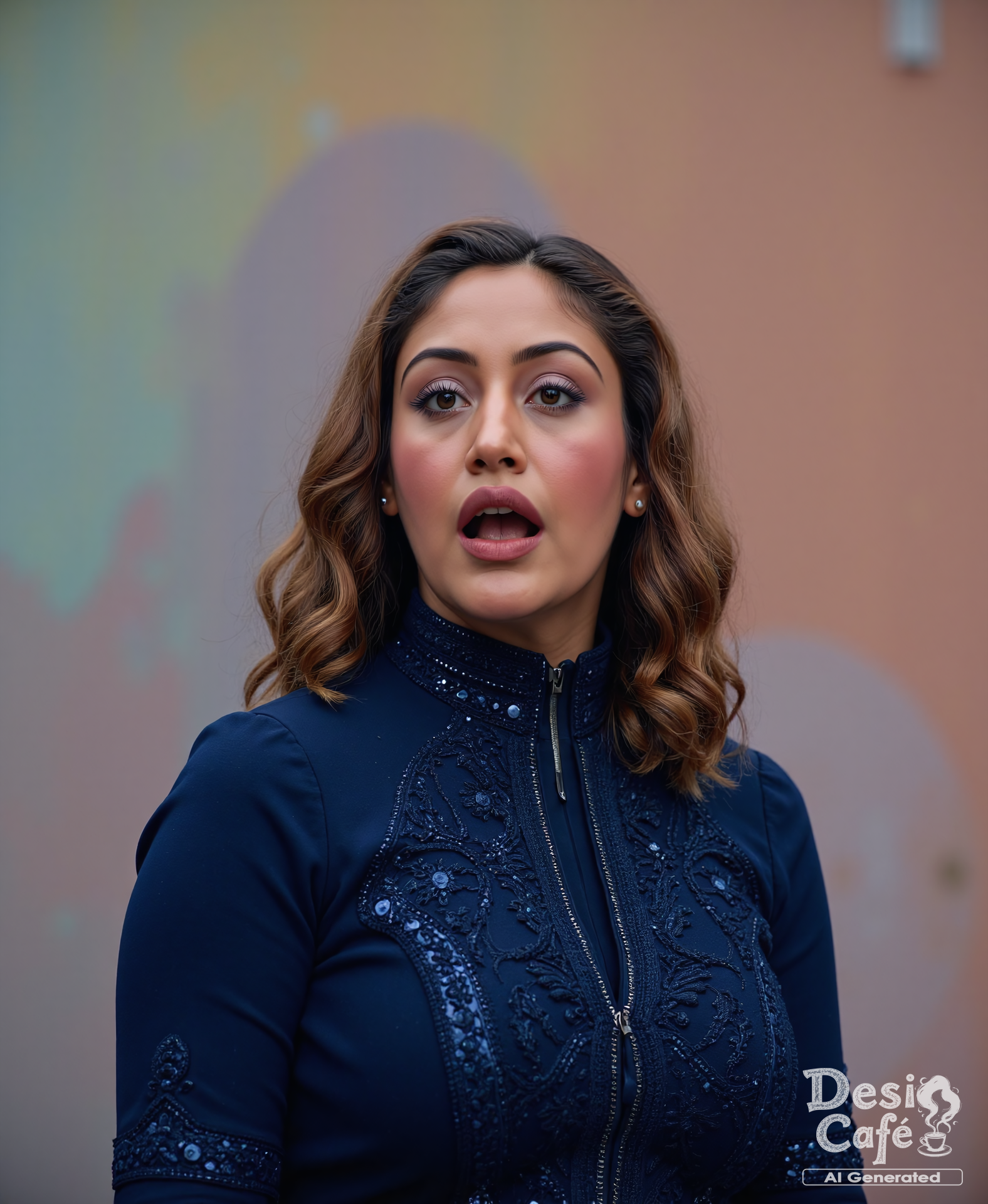instagram photo of Surabhi Chandna woman, hyper realistic photo that is safe for work, mouth open in surprise, studio quality image with natural colors, well dressed wearing intricate turtleneck Navy Blue Abaya Style Suit, hair styled as  curls,muted pastel shaded multicolored background that contrasts with the person, cinematic lighting,âââââ âââ  <lora:Surbhi_Chandna_Flux_Kohya_V1:1>âââ