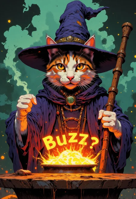 A wizard cat with a bubbeling cauldron. Smoke rises up and spells the word "Buzz?"