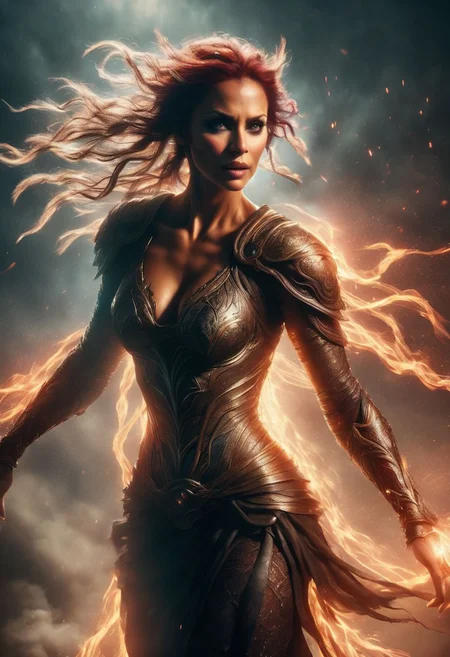 A full body character of a woman, dynamic motion blur, lens flares,more dramatic lighting, deeper and more contrasted shadows, color grading, high detail, 4k resolution, ultra HDR, and ghostly beauty,facial muscles, fantasy and fantastic, The image should reflect intricate details, raw photo quality, and a windy atmosphere.