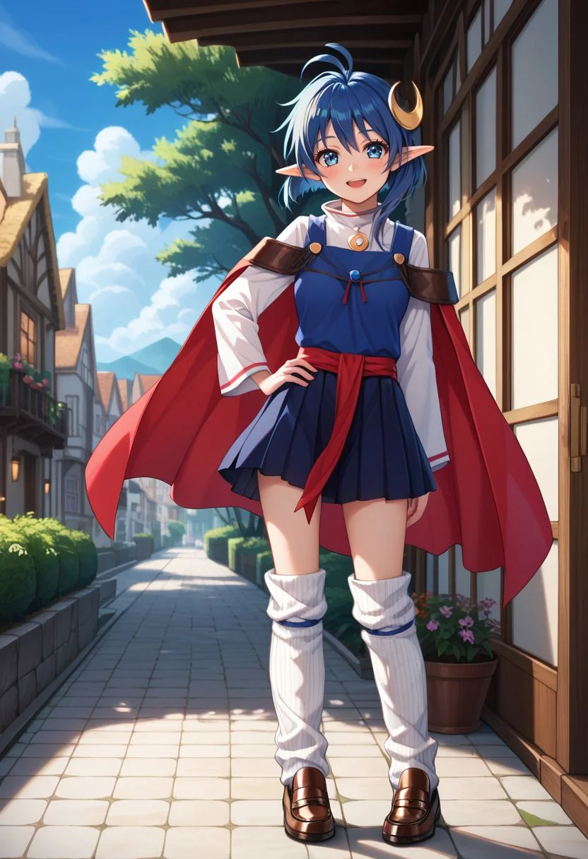 score_9, score_8_up, score_7_up, score_6_up, detailed eyes, beautiful, detailed background, perfect eyes,
source_anime, very aesthetic, anime coloring, anime screencap,
<lora:HandFineTuning_XL:1>
<lora:add-detail-xl:1>
BREAK,
village, trees, blurry background
open smile, blush, sheathed hand on hip, full body,
BREAK,
<lora:rena_pdxl_v02:0.9>
rena lanford, short hair, blue hair, blue eyes, pointy ears, crescent hair ornament, loose socks, white shirt, skirt, white legwear, bending, cape, red cape, ahoge, loafers, long sleeves, turtleneck,