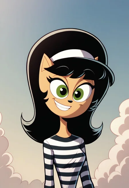 score_9, score_8_up, score_7_up, score_6_up, score_9, score_8_up, score_7_up, score_6_up, BREAK, kitty, green eyes, black hair,1girl, green eyes, black hair, solo, striped shirt, shirt, striped clothes, smile, sky, upper body, pointy ears, cloud, long sleeves, hairband, grin