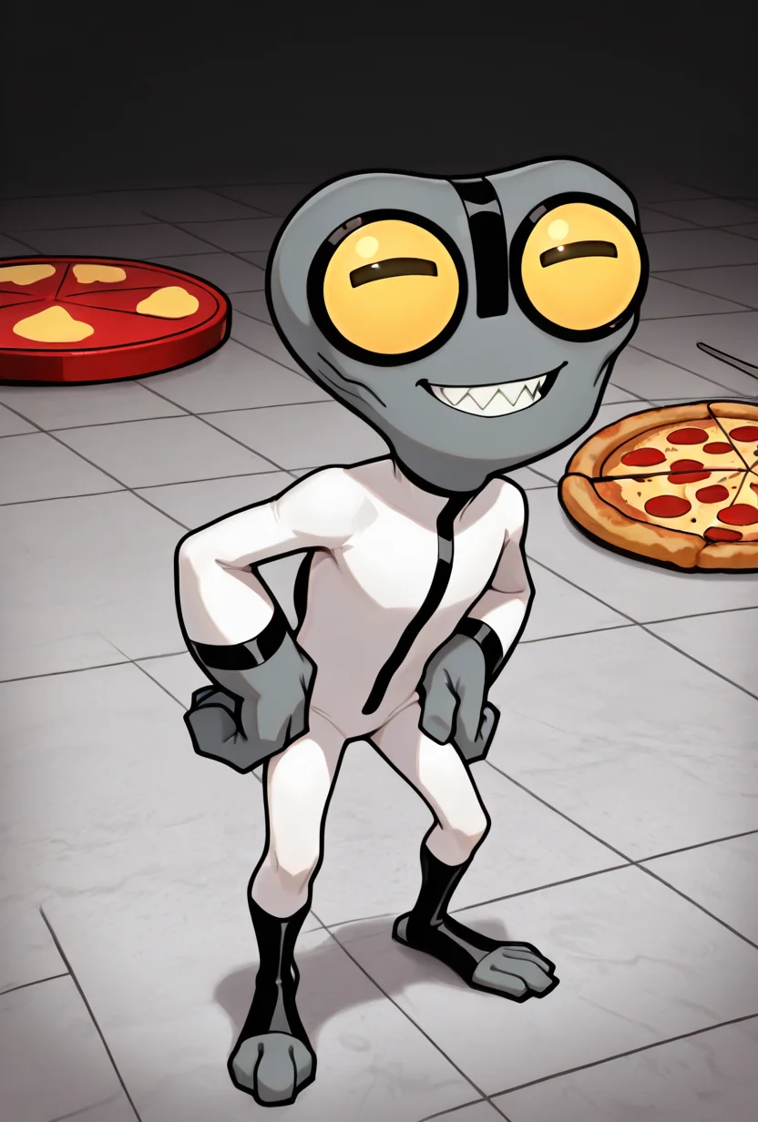 <lora:greymatter-09:1> greymatter, solo, 1boy, white bodysuit, grey skin, , ,small body, big hands,  , sharp teeth, big yellow eyes, big head, dynamic pose,, , tiny character,  <lora:aka_shiba_noob11-xl-e71:1>, pizza floor, hand on hips, smiling, holding  red disc, massive sloppy disc,, masterpiece, best quality, amazing quality, very aesthetic, absurdres, newest,