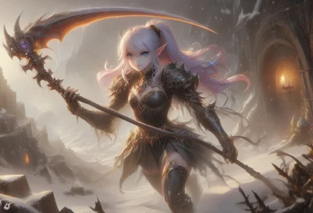 score_9, score_8_up, score_7_up, score_6_up, dynamic, (anime, masterpiece), best quality, (8k), detailed background, sharp focus, intricate, ambient lighting, super high quality, hyper detailed background, cinematic lighting, adult, dungeons and dragons character art style, a norse girl early 20s, straight long lilac hair tied back into a ponytail, heart choker, black hairband, dark magical blue eyes, pale skin, human, wearing black crop top and black leather skirt, thighhigh high heeled boots, holding a scythe in her hands, full body portrait, zoomed out, medium breasts, walking through a snowy mountain village, action pose, jumping down from above a slime monster