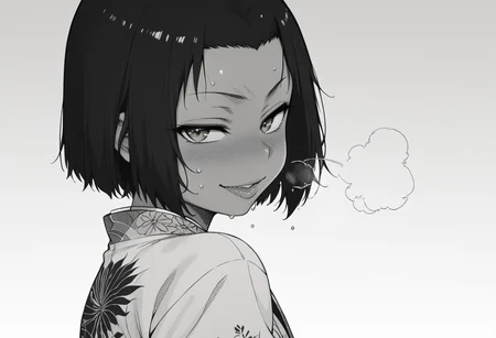 score_9,score_8_up,score_7_up,cinematic shadow,monochrome,(fullbody:0.7),
naughty face,sweat breath,half closed eyes,seductive pose,standing,back,kimono,
1boy,black hair,short hair,green eyes,forehead,swafragilenos,tanlines,<lora:swafragilenos:1>,