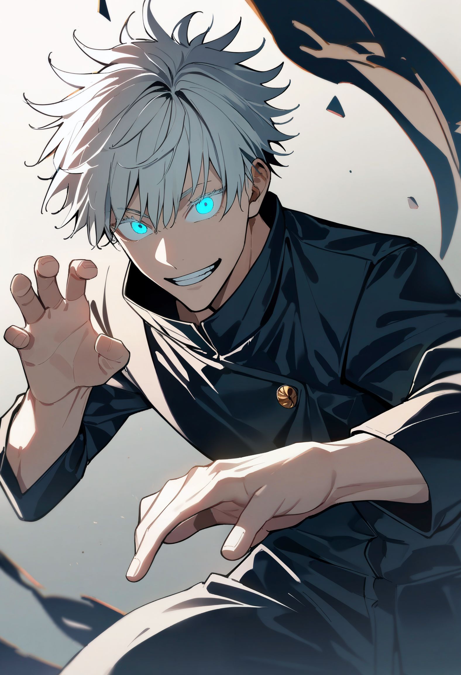 1boy, male focus, gojou satoru, jujutsu kaisen, light smile, face focus, beautiful eyes, teeth, gradient background, effect, fighting stance, fighting, hands 
, SuperQuality, masterpiece, best quality, very aesthetic, absurdres, newest, high quality, highres