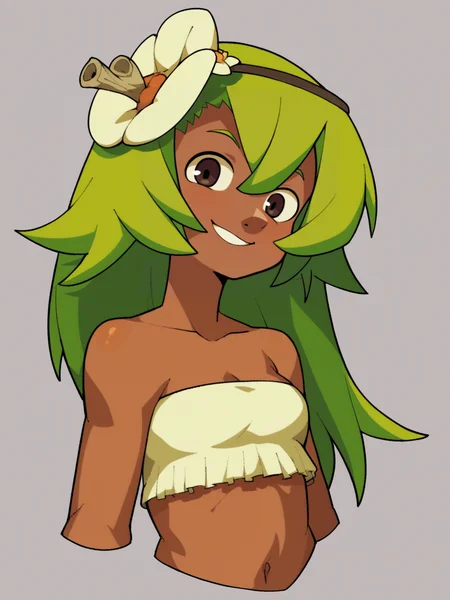score_9, score_8_up, score_7_up, score_6_up, score_5_up, score_4_up, BREAK, source_cartoon, source_anime,
1girl, amaliayoung, green hair, long hair, hair flower, dark skin, bare shoulders, tube top,
upper body, smile, looking at viewer, solo, simple background    <lora:AmaliaXL:1>
