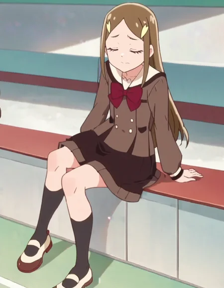 score_9, score_8_up, score_7_up, anime screencap, solo,1girl,kitzunezaki, school uniform, skirt, closed eyes, bow, pleated skirt, shoes, socks, hair ornament, long sleeves, bowtie, sitting, black skirt, red bow, closed mouth <lora:kitsunezaki:0.8>
