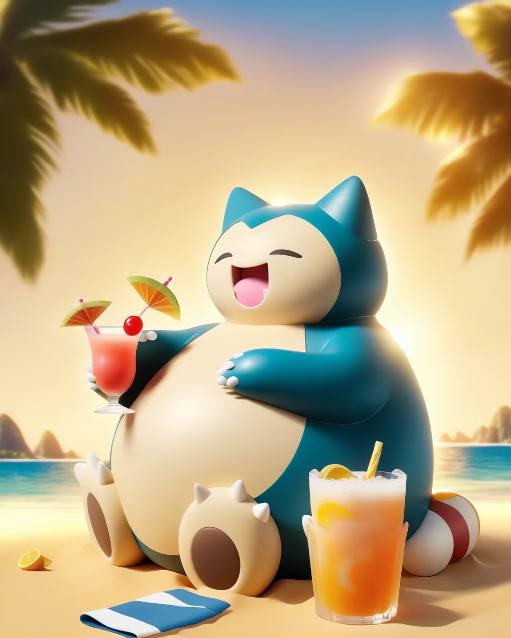 Snorlax sitting on the beach, (sunglasses:1.5), holding cocktails, fangs.
<lora:snorlax_v3_1:0.8>